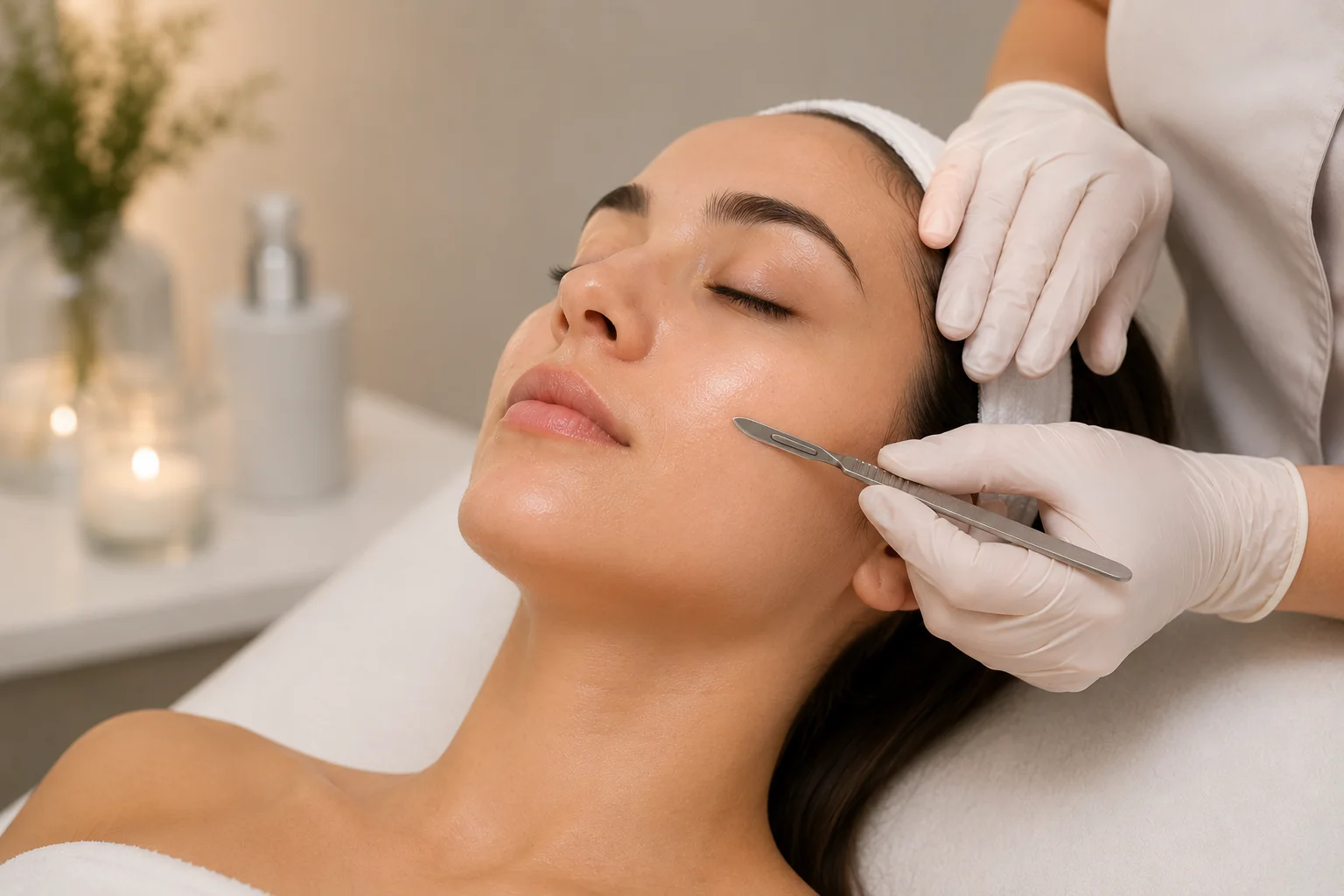 Dermaplane facial treatment.