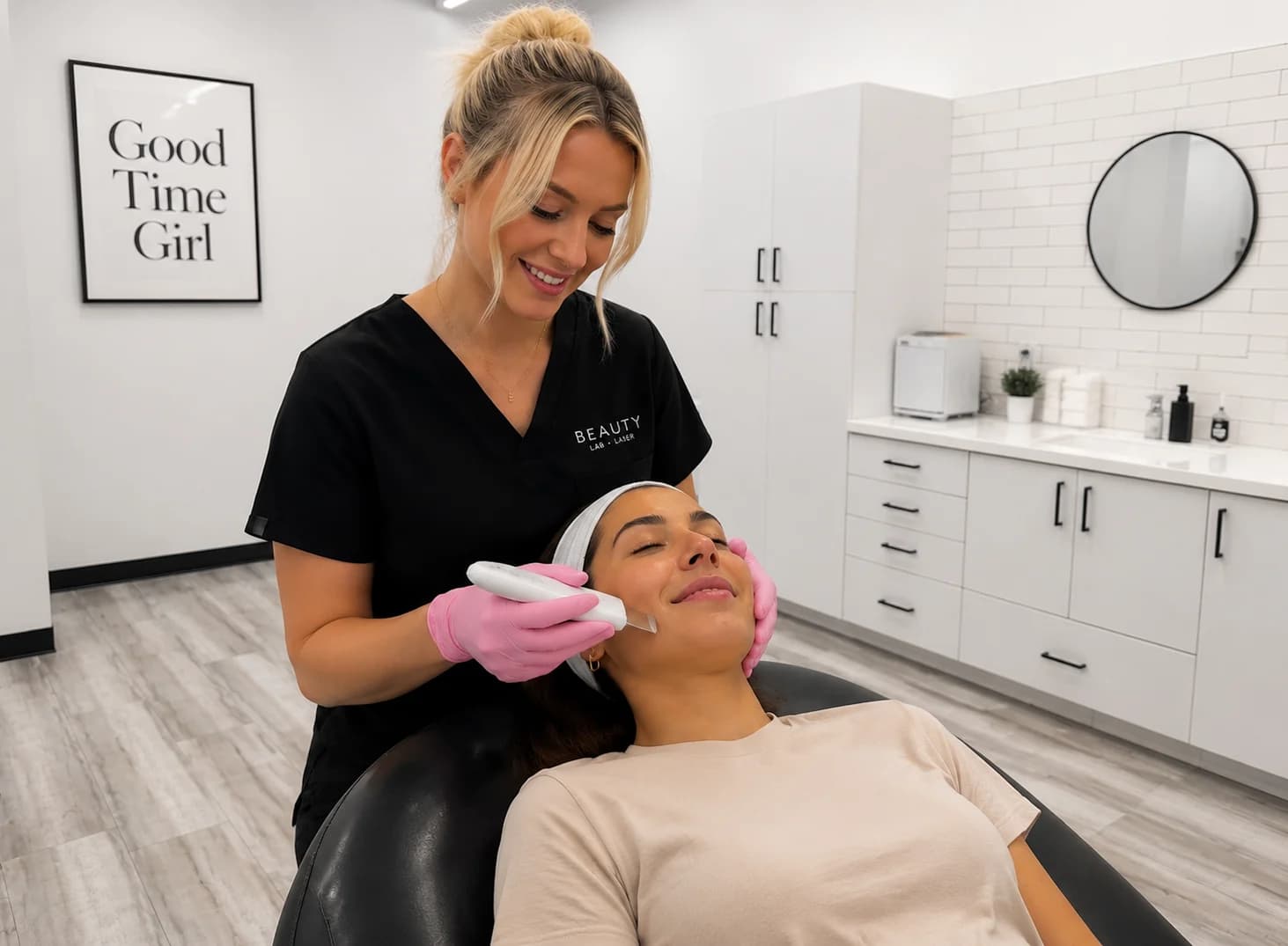 Beauty Lab provider performing a Dermasound facial treatment.