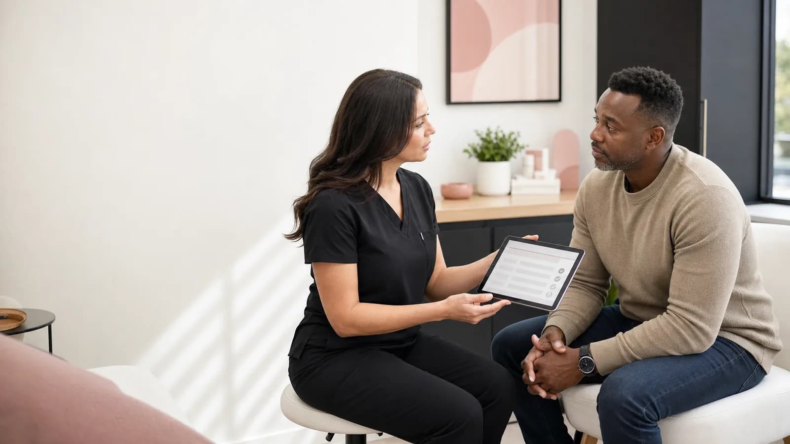 Medical provider conducting a private eligibility consultation with an adult client.
