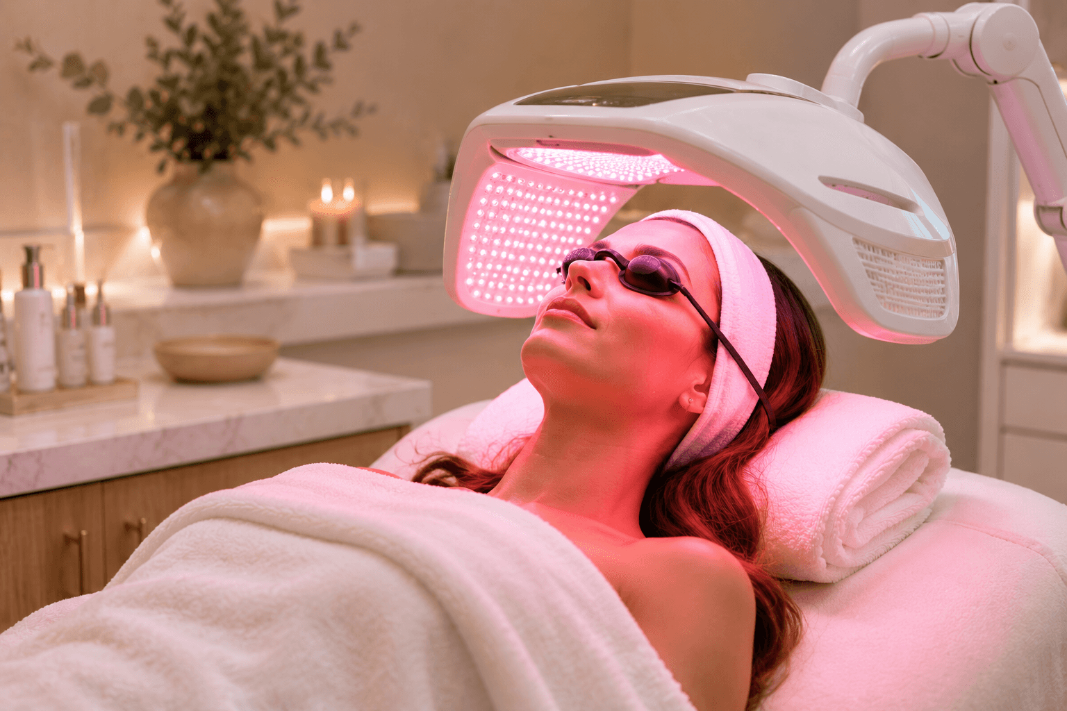 Client receiving LED light therapy facial treatment.