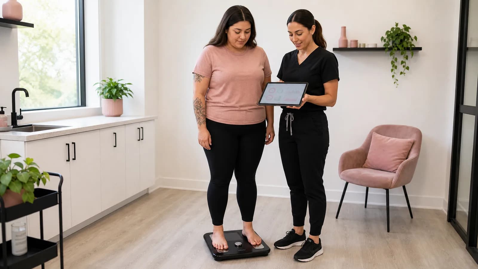 Adult client completing a body-composition assessment while a medical provider reviews the results.