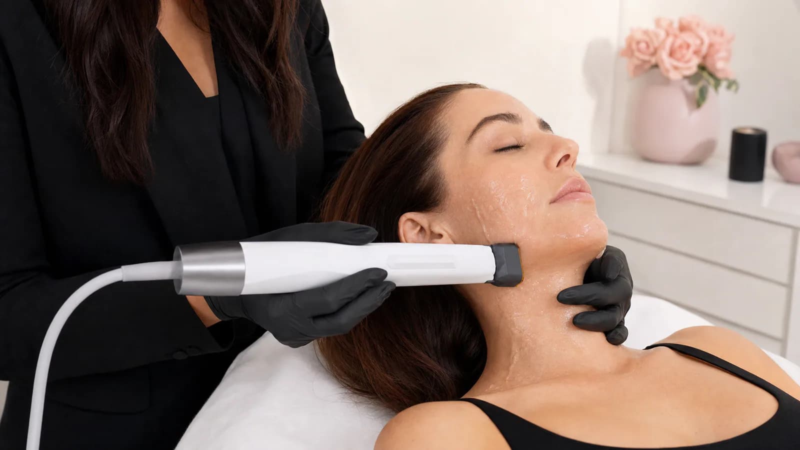 Provider performing XERF treatment along an adult client's jawline and upper neck.